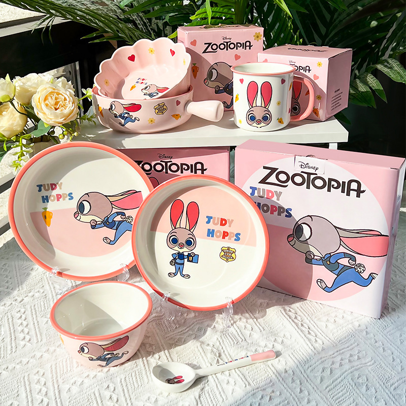 Disney Zootopia Ceramic Bowl and Plate Set for Children, High-Quality Cartoon Plates and Bowls for Home Use