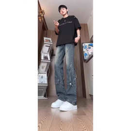 黑色拼接美式工装牛仔裤男款美式hiphop裤子高街显瘦提档微喇叭裤