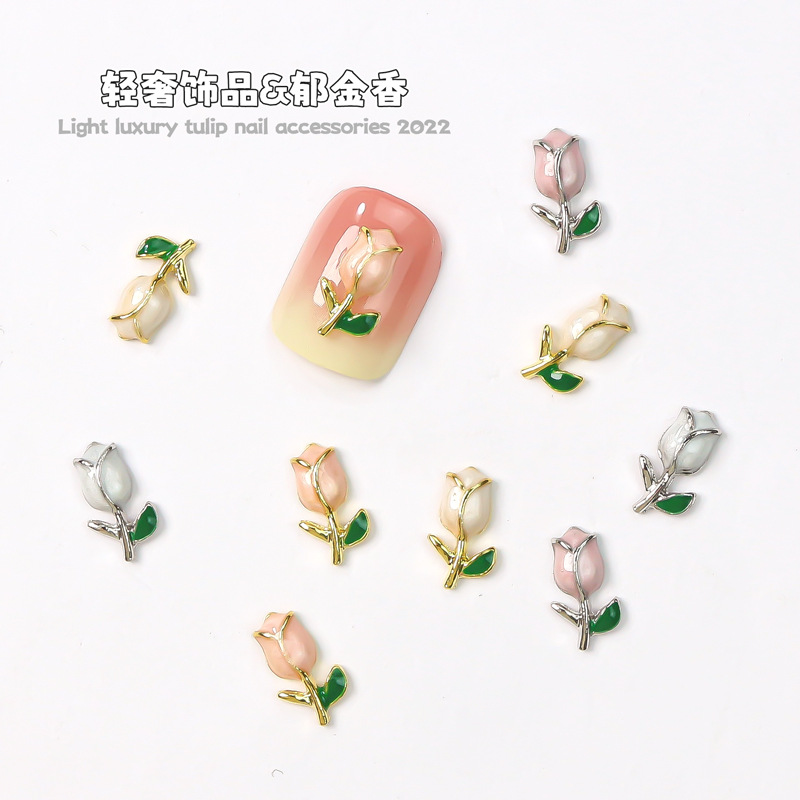Popular arte del clavo tulipán joyería en línea celebridad aceite goteo flor Rosa nueva luz de lujo de aleación de metal decoración de uñas