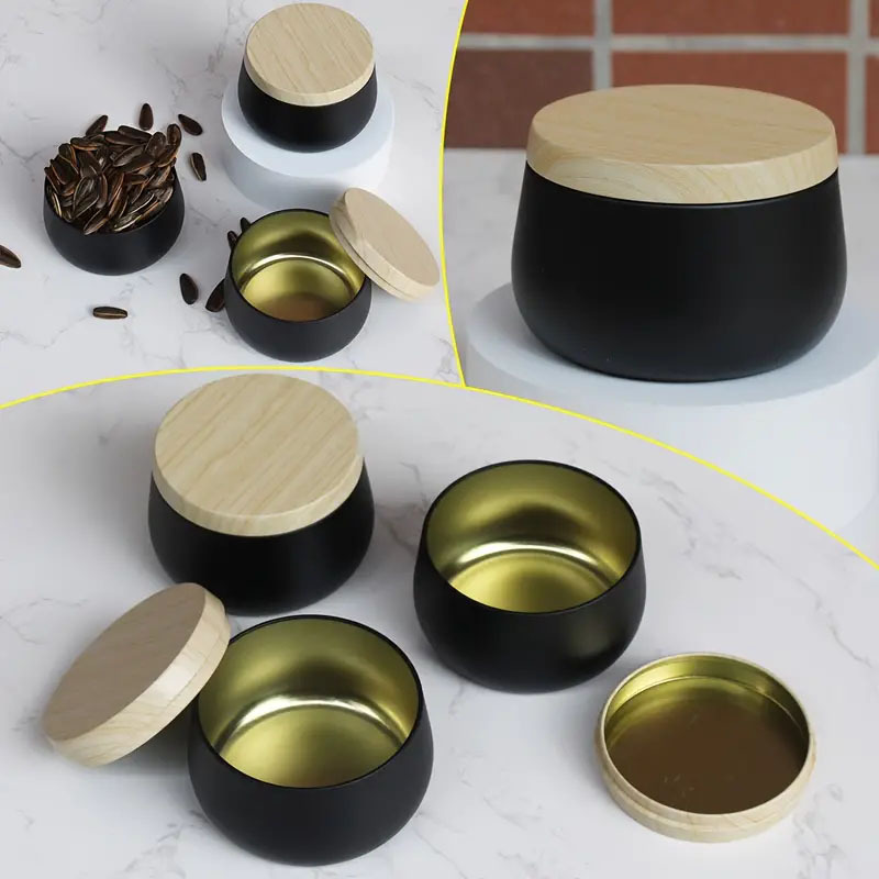 En stock: Juego de 24 cajas de hojalata con tapa sellada, imitación madera, para dulces, velas y aromaterapia, de 4oz y 8oz, latas de hojalata sin costuras.