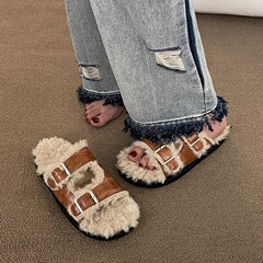 设计感羊羔毛毛拖鞋女外穿2025年新款春季复古加绒博肯防滑棉拖鞋