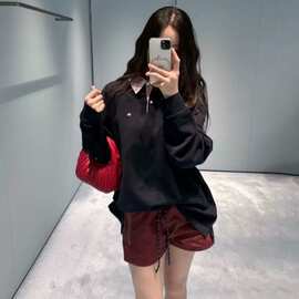 深圳南油高端女装 M字母条纹衬衫领拼接 珠地棉T恤polo衫上衣