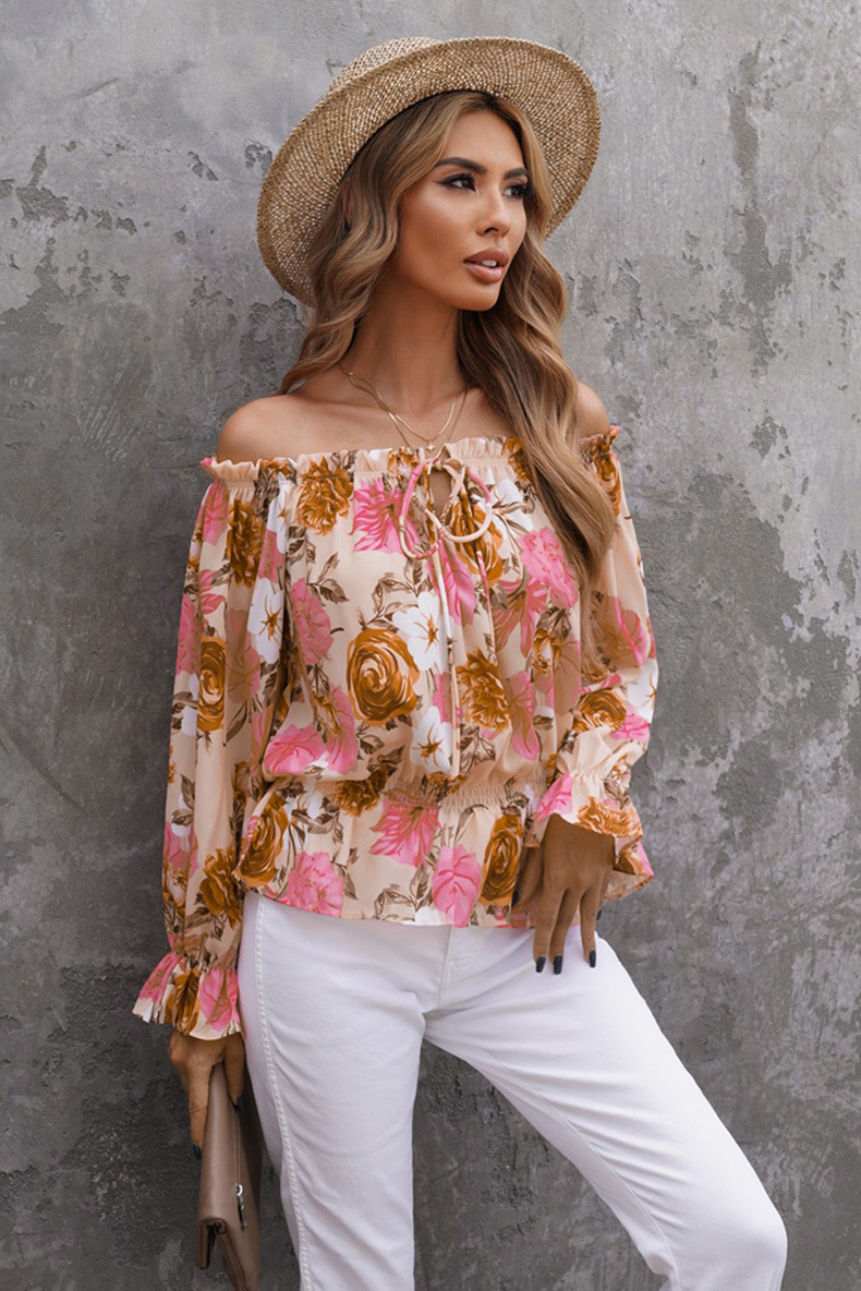 women s one-line neck strapless printed long-sleeved chiffon T-shirt nihaostyles clothing wholesale NSQSY78397