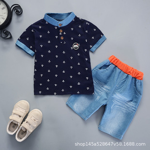 Boys' Short-Sleeved Summer New Children's Vertical Collar Sports Suit Trendy Style Small and Medium-Sized Children's Baby Two-Piece Summer Clothing Export
