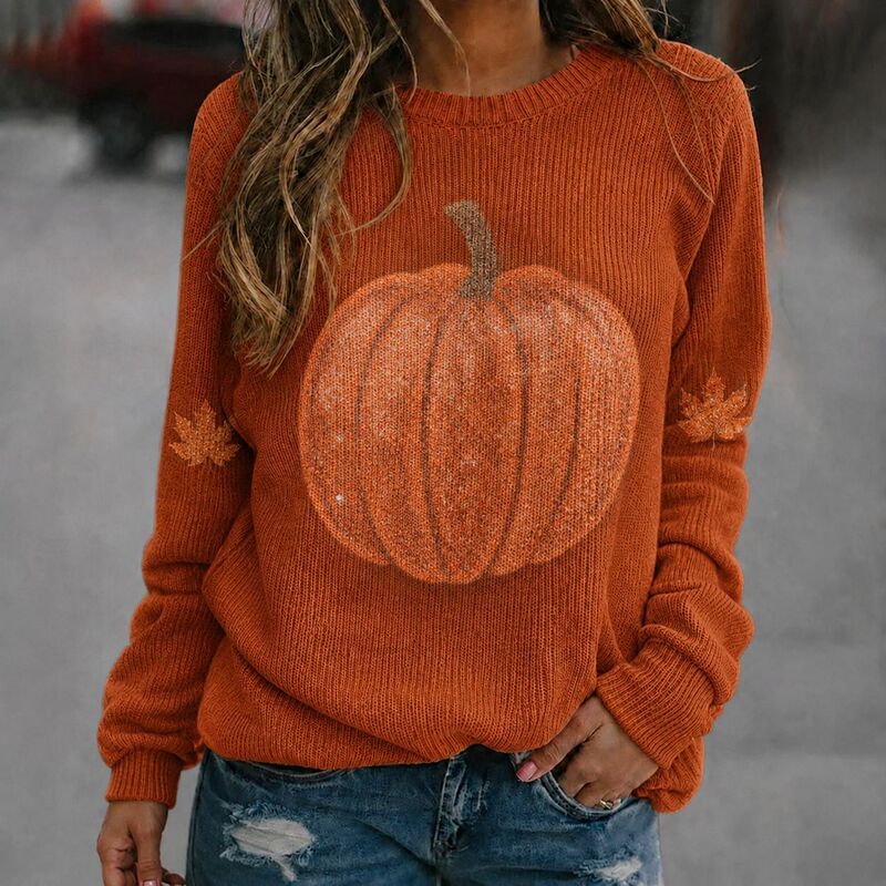 New Halloween hot-selling item: Women's pumpkin sweatshirt with round neck, faux sweater, for Amazon and European and American cross-border e-commerce New Halloween hot-selling item: Women's pumpkin sweatshirt with round neck, faux sweater, for Amazon and European and American cross-border e-commerce