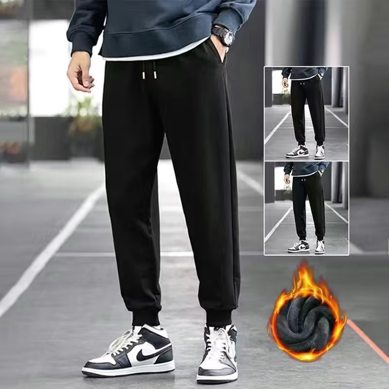 Pantalones de chándal forrados de lana de primavera y otoño para hombres de color sólido rectos delgados estilo coreano popular ins populares Pantalones deportivos casuales comercio exterior