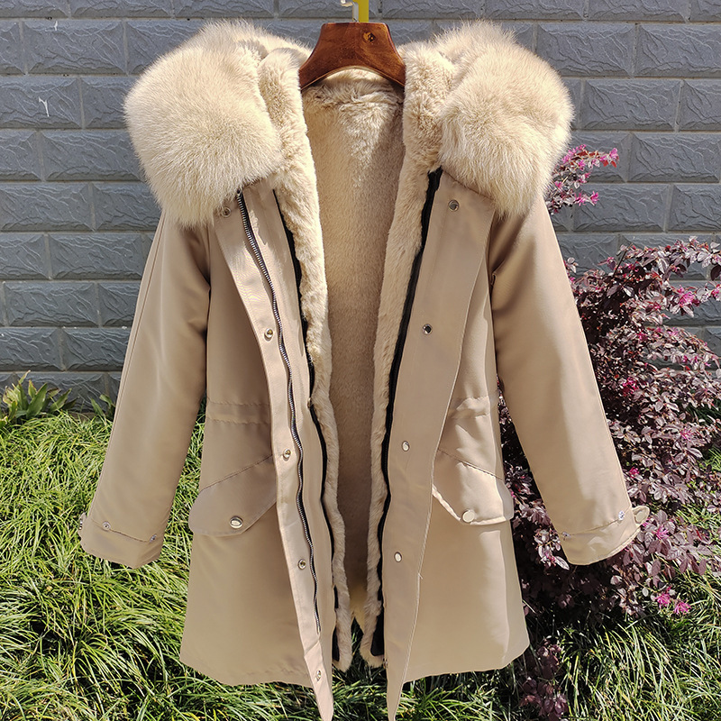 Sieviešu apģērbi Jauns ziemas Sieviešu Parka Vidēja Garuma Noņemams Laineris Lapsas kažokādas apkakles kažoks_voghion.com