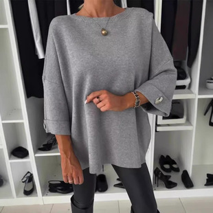 Autumn 2024 Europe and the United States cross-border Amazon foreign trade women's new solid color round neck sleeve knitted casual top