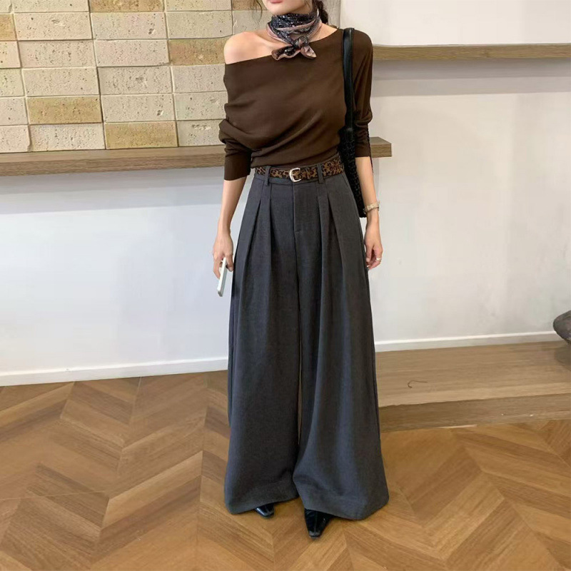 韩国东大门女装秋冬款高腰毛呢西装裤保暖舒适长裤加厚垂感阔腿裤