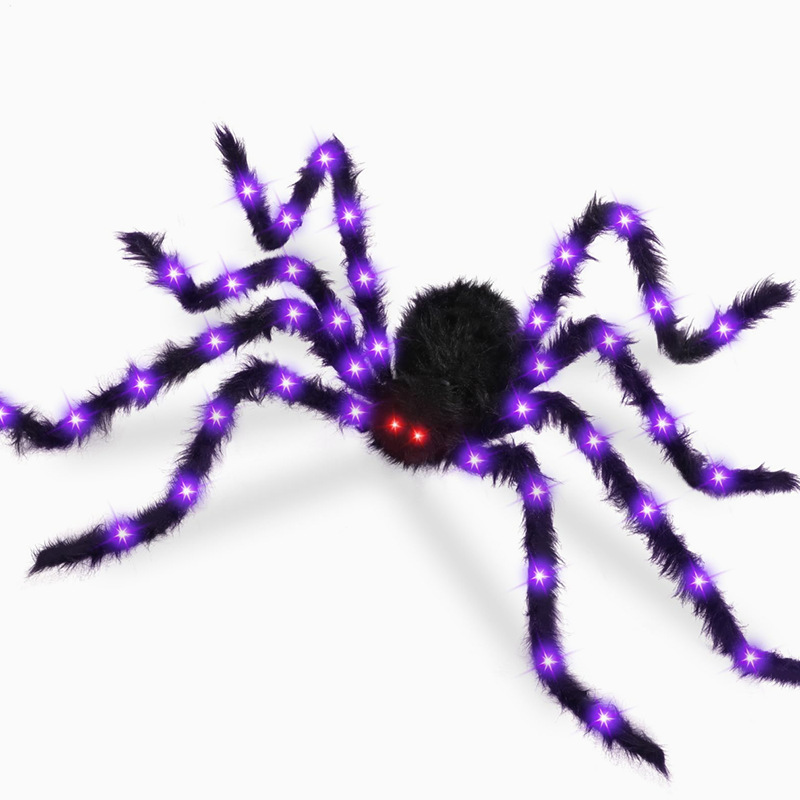 Red de araña luminosa de Halloween Red triangular con luz araña negra felpa araña de color grande accesorios de decoración de fiesta