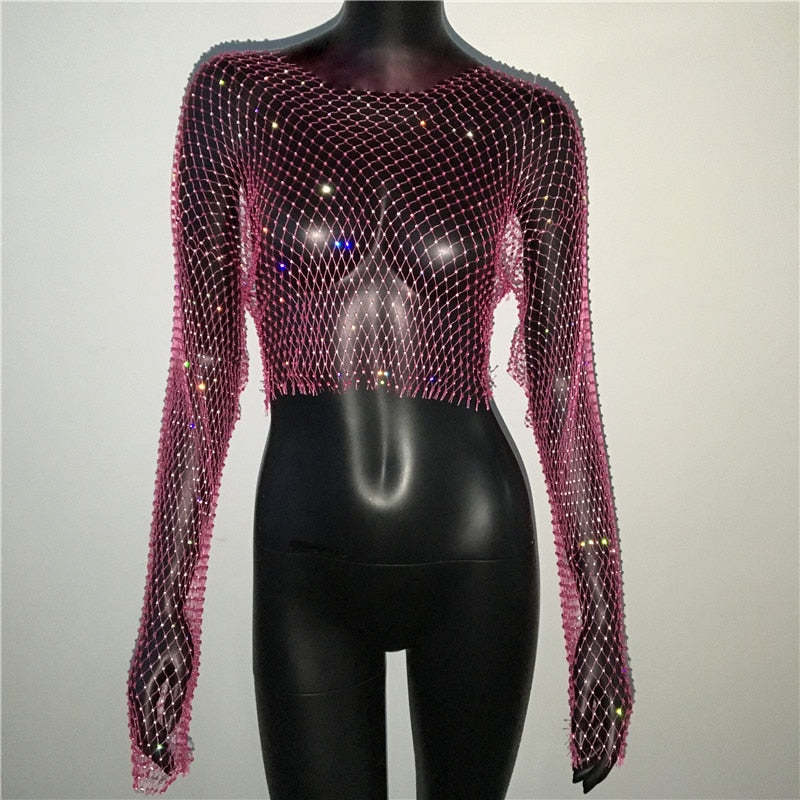 De Europa y América transfronteriza de las mujeres calientes de malla de diamantes de imitación red de pesca de manga larga Sexy Slim rhinestone Top party chica caliente de manga larga