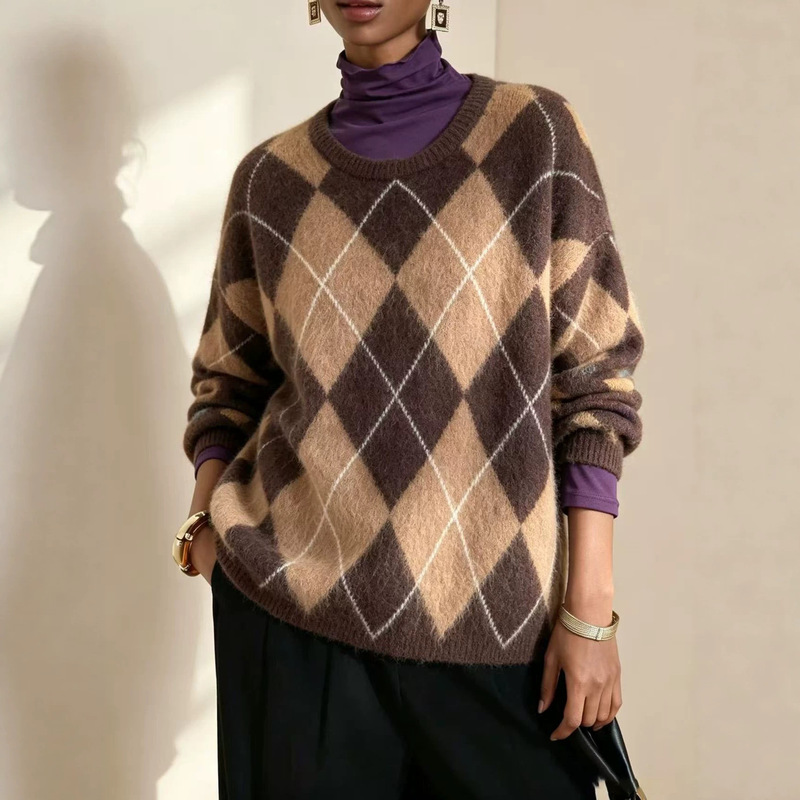 Cross-border Maillard diamond-pattern mink fur pullover sweater for women, loose round-neck soft knit top, foreign trade wholesale top