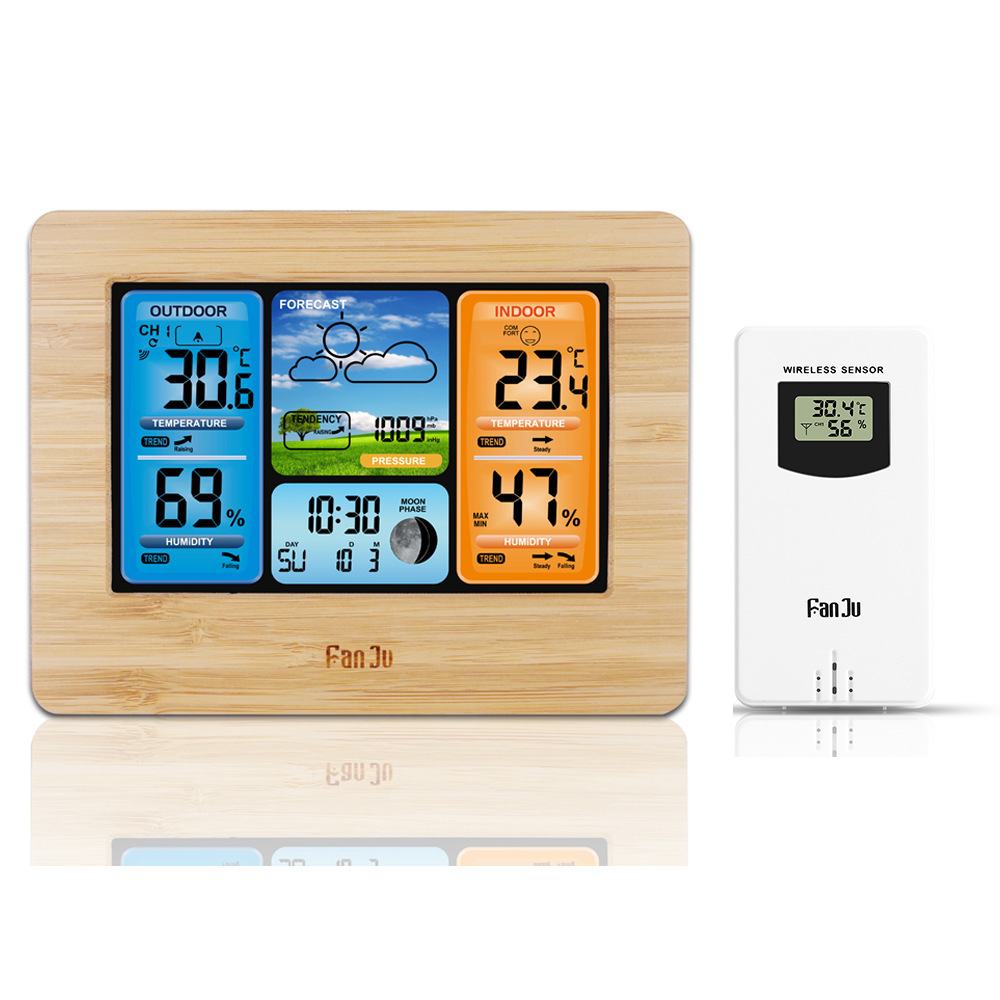 Цветные экранные погодные часы 3373 с бамбуковой поверхностью электрические волновые часы многофункциональные календари