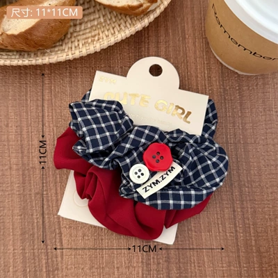 College Style Pattern Fabric Scrunchie | Saç üçün rezinlər - 7-dark-blue-plaid-button-hair-tie