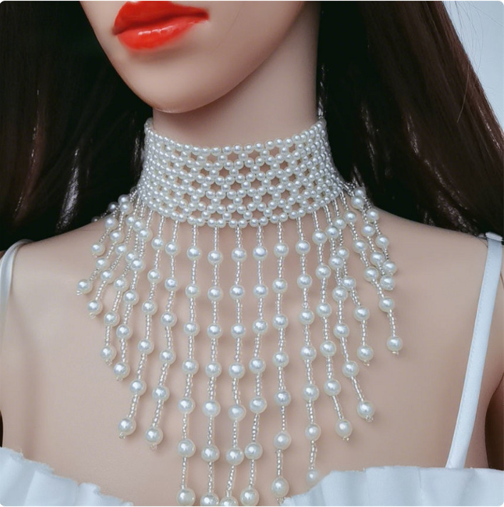 欧美跨境手工编织吊坠珍珠项链法式假领项圈遮颈纹锁骨配饰品