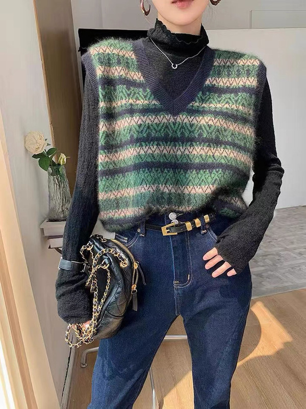 早秋季法式复古v领针织马甲女小香风外搭叠穿毛衣背心袖坎肩上衣|undefined