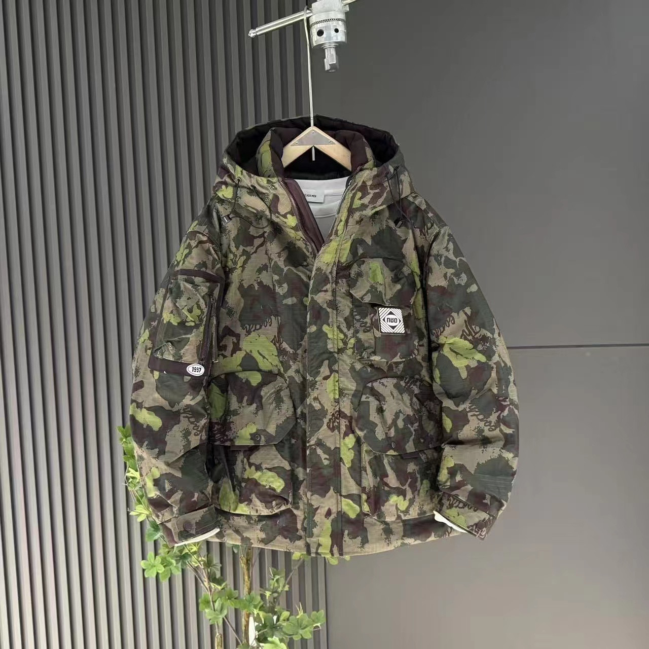 Camouflage demi-season travel men's down jacket for leisure