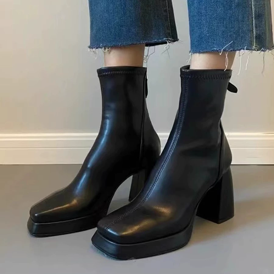 В наличии ~ Черные короткие ботинки на высоком каблуке с молнией сзади для женщин, осенне-зимние новые ботинки на толстом каблуке с квадратным носком, водонепроницаемые тонкие ботинки на платформе