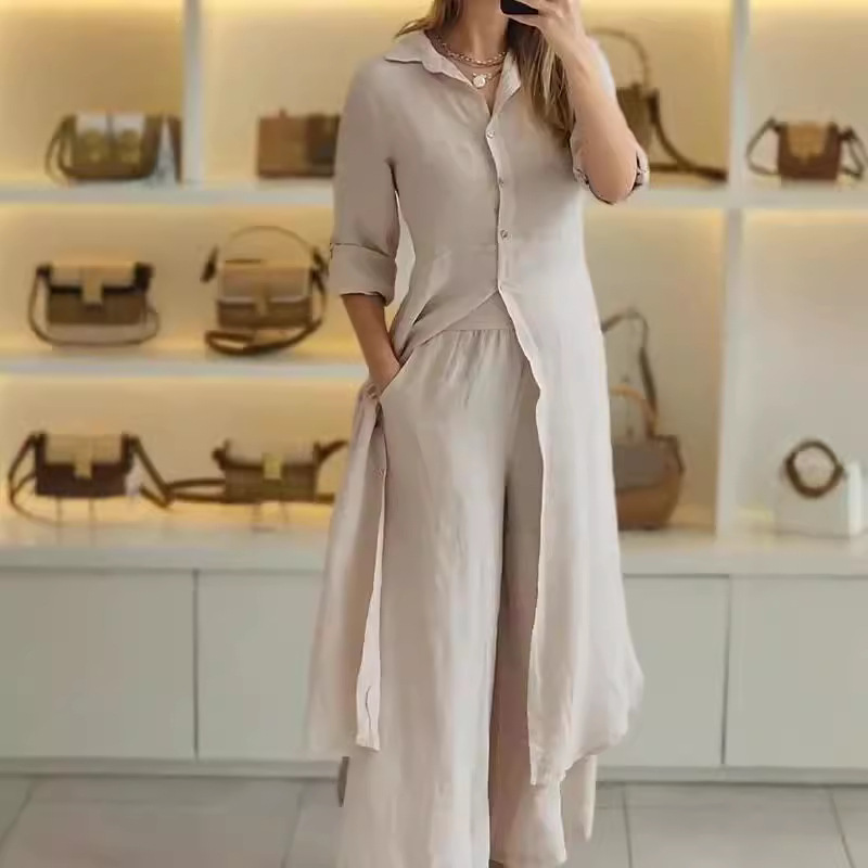 Cross-border Europe and the United States 2025 spring and summer new_casual linen suit_ladies elegant long sleeve wide leg pants two-piece women
