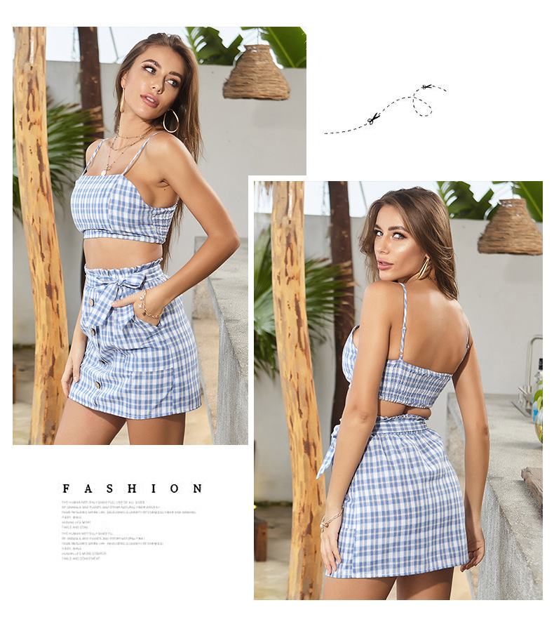 Plaid printed cami top & skirt set NSYMR49385