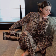 新款时尚豹纹睡衣女秋季长袖睡衣欧美性感家居服女士两件套装批发