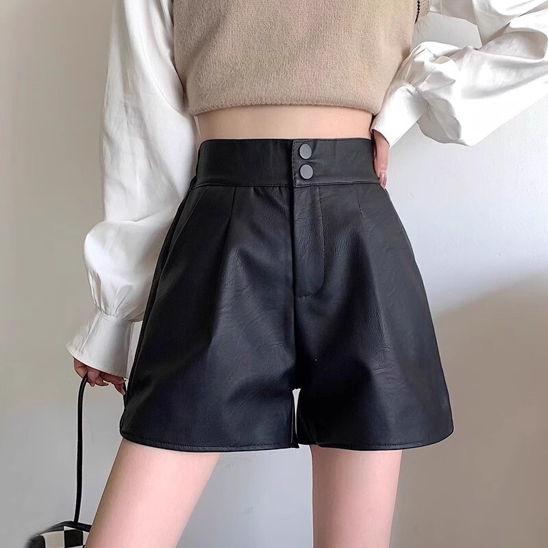 Casual Plus-Size Black Leather Shorts for Women, Loose Wide-Leg Pants, High-Waisted, Slimming, Autumn and Winter