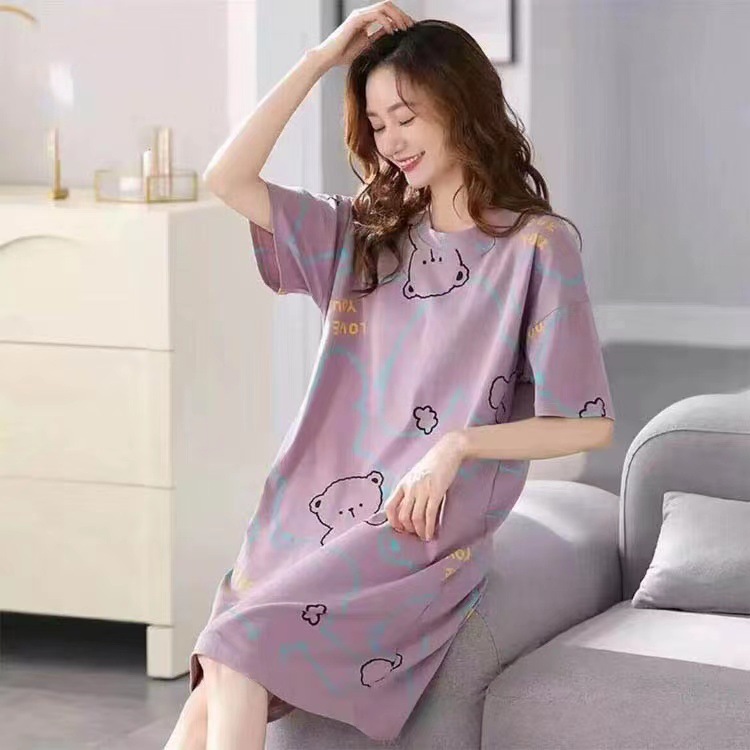 Spot falda de mujer viento perezoso talla grande camisón de mujer manga corta suelta y cómoda cuello redondo lindo vestido de casa con estampado de dibujos animados