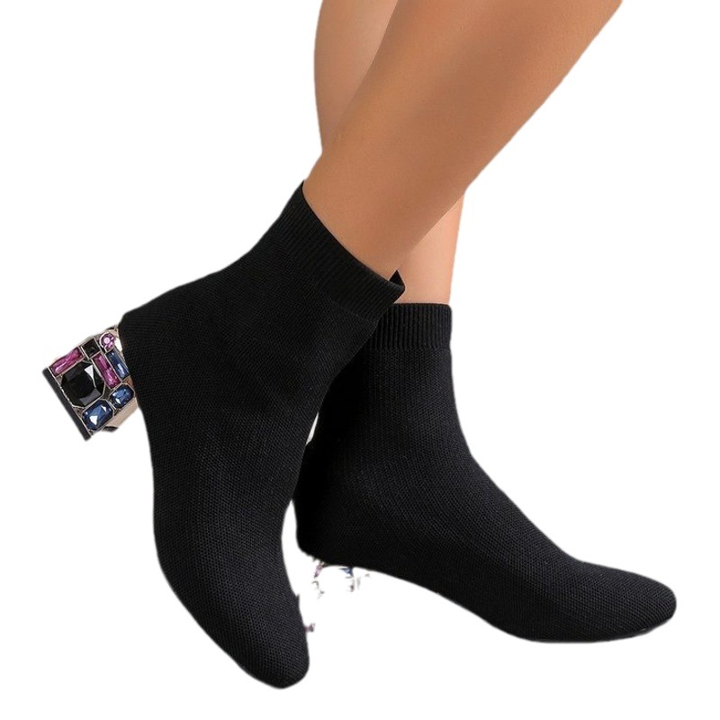 Botas elásticas bajas europeas y americanas 2023 Otoño e Invierno Nuevas botas delgadas de moda rhinestone talón grueso volando botas cortas de punta cuadrada tejida zapatos de mujer image 1