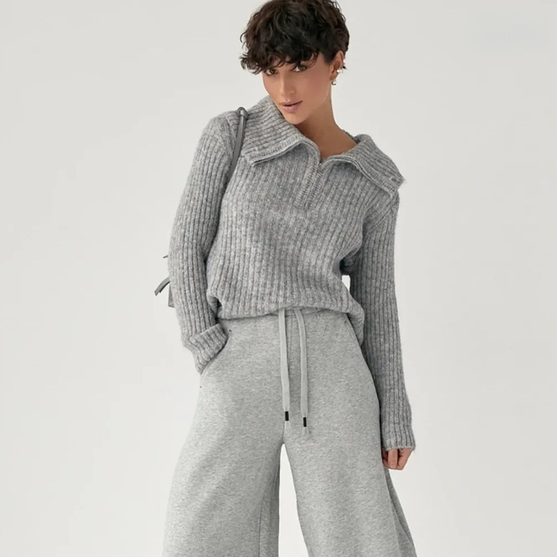 Solid Color Large Lapel Ribbed Sweater for Women 2026 Cross-Border Exclusive New Style Lazy Style Half-Zip Knit Top