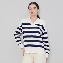 冬季女装毛衣新款翻领宽松长袖针织上衣简约时尚羊毛条纹针织衫