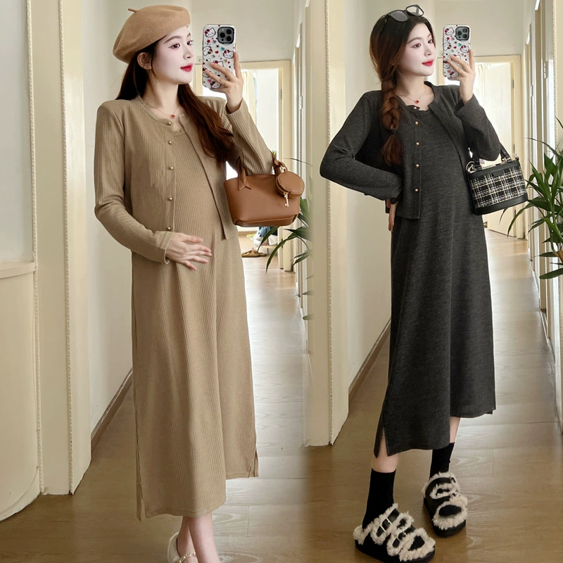 Autumn skirt for pregnant, knitted vest, sleevless dress, cardigan, set, internet celebrity
