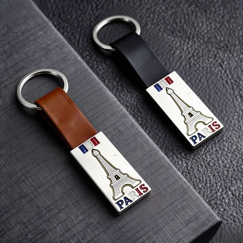 Leather Metal Keychain Alloy Paint-Coated French Paris Flag Pendant Bag Accessory Travel Creative Souvenir