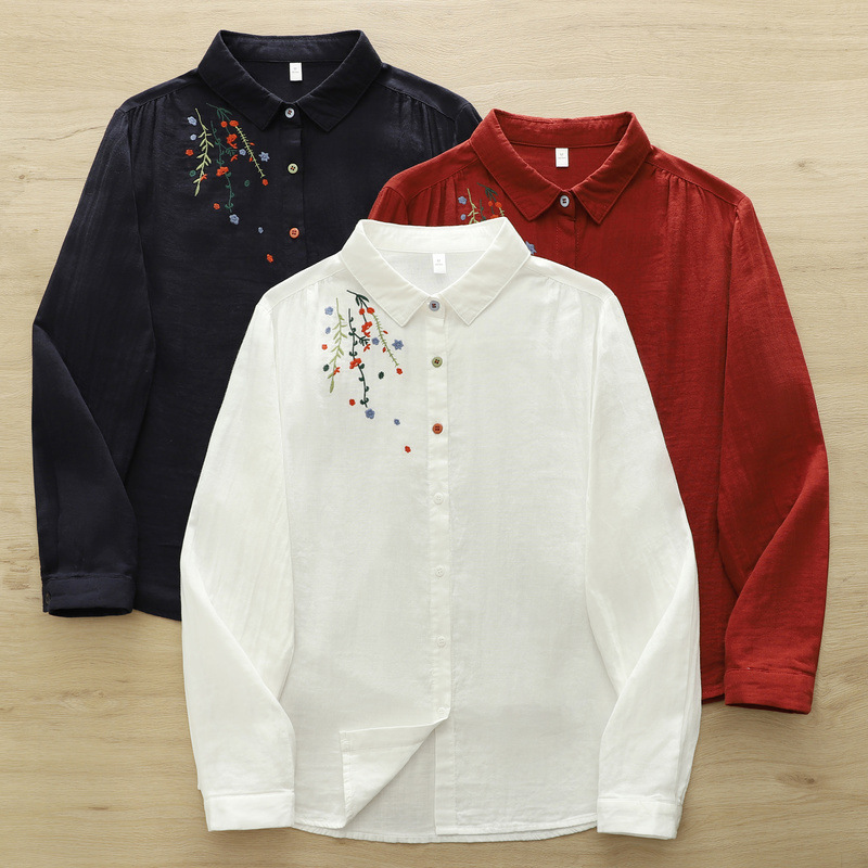 Korean Style New Model with Shoulder Embroidery Flowers, Double-Layer Gauze Skin-Friendly Cotton, Women's Cardigan Long-Sleeve Shirt