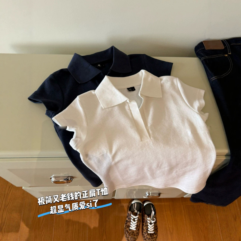 Real Shot of 230g Double-Sided Towel Fabric, 82% Polyester, 18% Viscose, Simple High-End Style Polo Collar, Regular Shoulder Short-Sleeve T-Shirt for Women, Wholesale