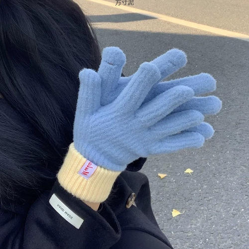 Knitted cashmere gloves for women, winter touch screen lined warm and thick cold-proof finger-separated Korean-style yarn gloves trendy