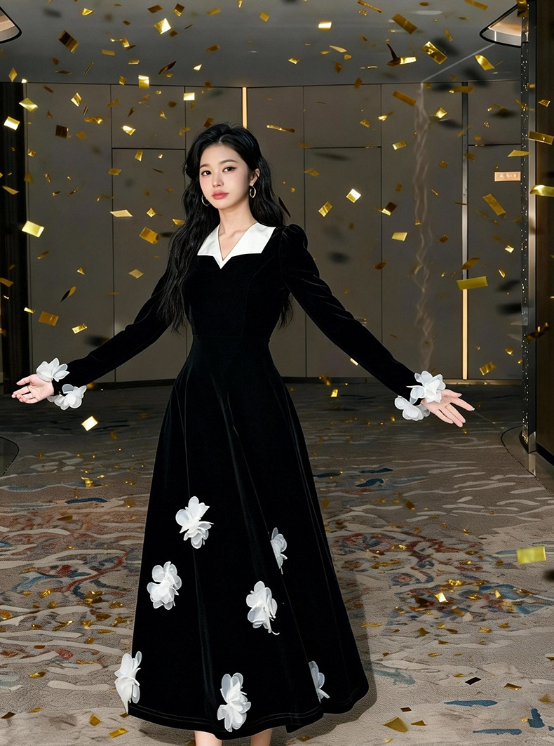 Đầm nhung V cổ thắt eo phong cách Hepburn hoa nổi 3D cổ điển thanh lịch — đen chi tiết 5