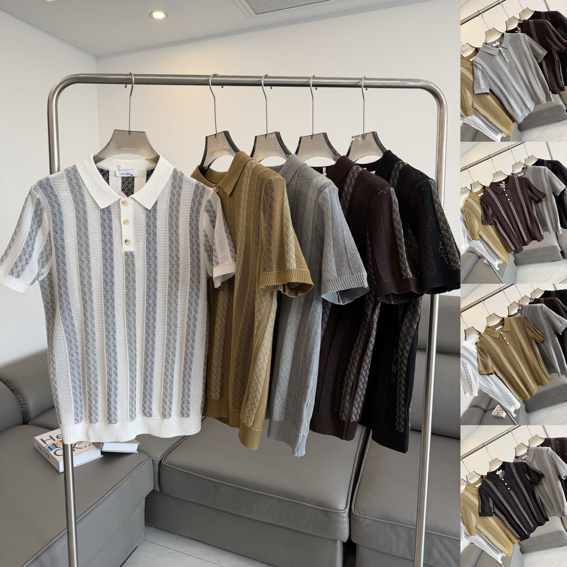 Polo camiseta de punto camiseta de manga corta camiseta de hombre solapa rayas huecas viejos vientos de alto nivel de verano fábrica transfronteriza al por mayor