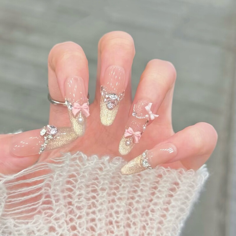 [Peach Pink Sweetheart] Purely Handmade Cat-Eye Wearable Nails, Golden Autumn Bows, Full Diamond Manicure, Classy Long Nails for Whitening