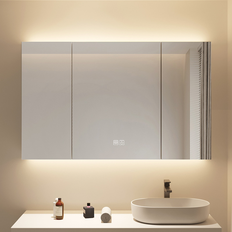 Smart Bathroom Mirror Cabinet, Wall-Mounted with Light, Defogging Bathroom Vanity Mirror, Solid Wood with Storage Rack