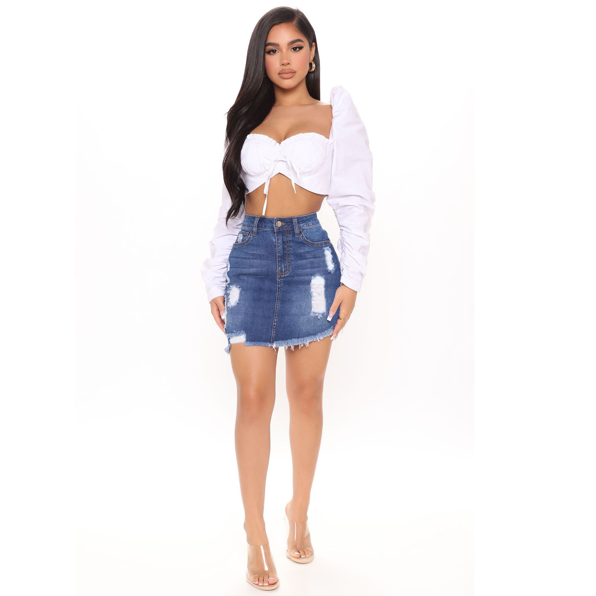 Sexy Wild Hand-Frayed Raw Edge High Waist Irregular Denim Skirt NSSF64723