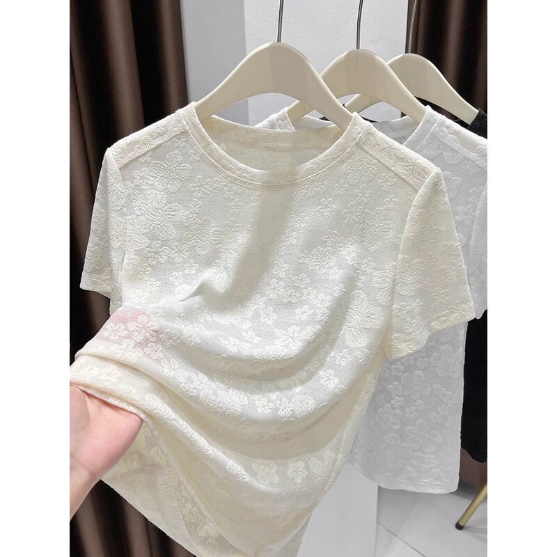 New Chinese-Style Light National Style Apricot-Colored Straight-Shoulder T-Shirt for Women 2026 Jacquard Floral Round-Neck Versatile Design Top A3638