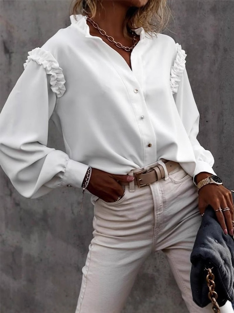 Comercio exterior transfronterizo exclusivo 2025 moda nuevo estilo linterna manga de una sola fila botones color sólido camisa de manga larga blusa damas image 4