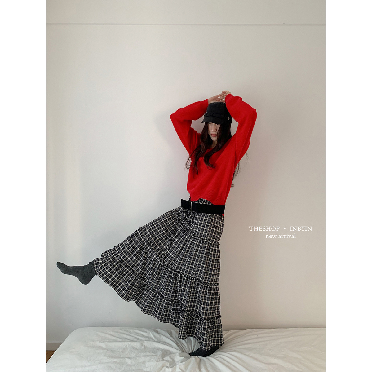 GraceChic GraceChic GraceChic Inbyin Gonna midi a quadri arricciati in stile coreano per donna, lunga vita elastica, che copre i fianchi, snellente_voghion.com