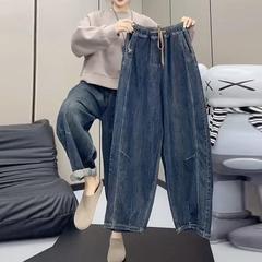 秋季新款垂感牛仔垮裤女遮肉显瘦宽松哈伦萝卜裤松紧腰洋气老爹裤