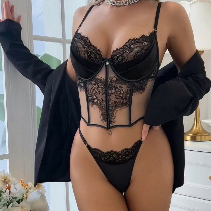 Amazon European and American Style Lingerie Sexy Embroidered Lace-Up Eyelash Lace Shapewear Fishbone Waist Cincher Seductive Sexy Set
