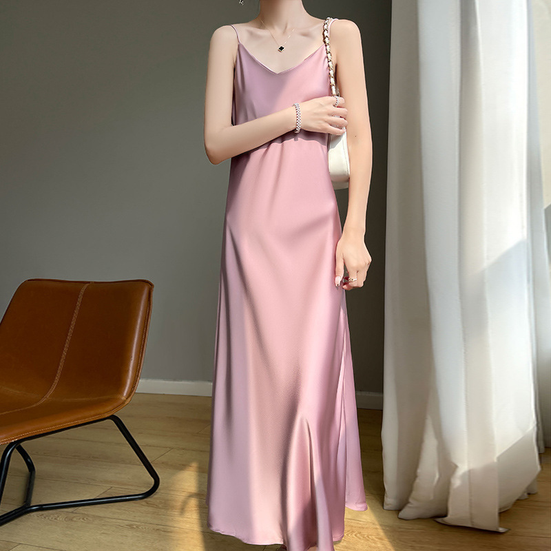 Soft Peach Pink Spaghetti Strap Dress for Women, Heavyweight Acetate Satin with a Glossy Finish, Niche Faux Silk Drapey Long Dress