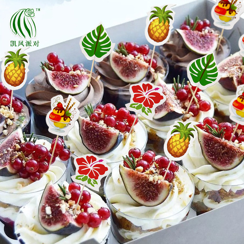 Hawaii Tropical Cake Dessert Stand Insert 16PCS Tortoise Shell Wood Hibiscus Flower Pineapple Ice Cream Skewers