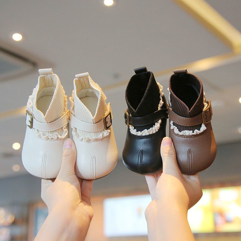 2025 New Autumn and Winter Baby Socks Boots Fashionable Lace Ribbon Girls Princess Short Boots Kidsren's Leather Boots Fleece-Lined