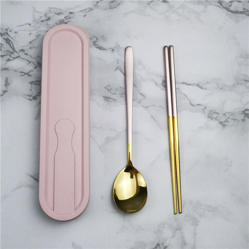 304 de acero inoxidable vajilla estilo coreano palillos conjunto de tres piezas traje portátil estudiante comedor al aire libre logotipo impreso