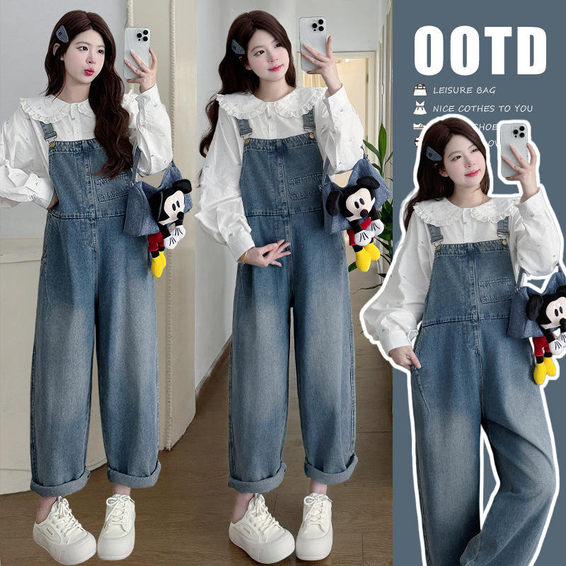 Actual Photos of the 2026 Spring Maternity Loose-Fitting Korean-Style Denim Overalls + Doll Collar Shirt Set